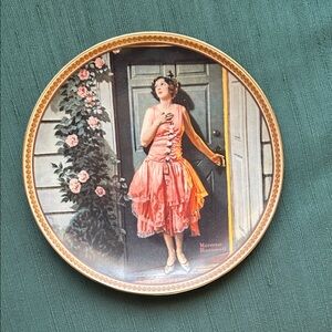 Norman Rockwell Plate Featuring Woman in Coral Pink Dress with Gold Rim
